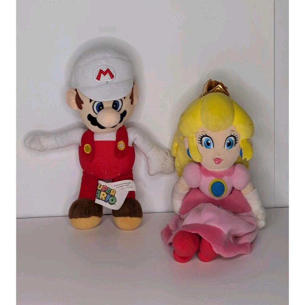 Super Nintendo Mario White Hat Red Fire & Princess Peach Soft Plush Toy 8"